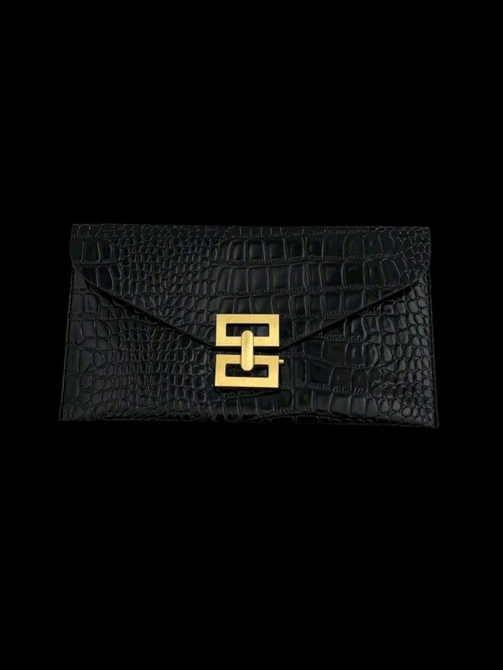 Black Croc-Embossed Clutch with Gold Toggle